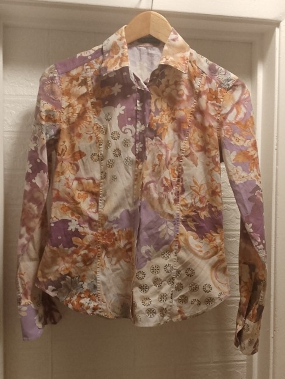 Women's Floral Button-Up Blouse in Lavender, Tan & Cream